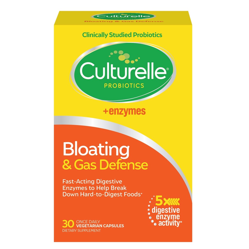 Culturelle Bloating & Gas Defense, Enzymes digestifs et probiotiques pour la santé digestive, 30 capsules, soutient l'indigestion occasionnelle et le malaise
