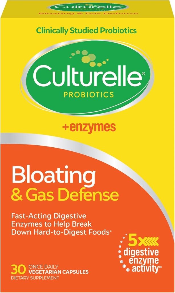 Culturelle Bloating & Gas Defense, Enzymes digestifs et probiotiques pour la santé digestive, 30 capsules, soutient l'indigestion occasionnelle et le malaise