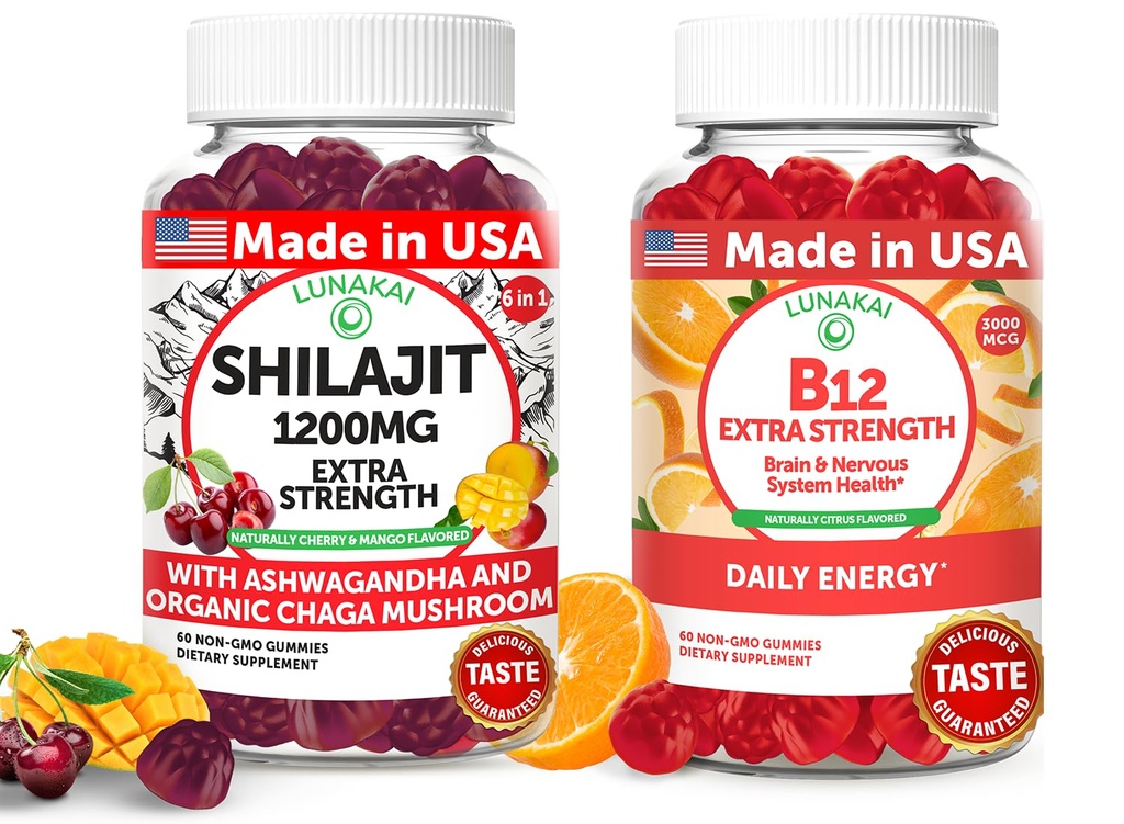 Lunakai USA Made Shilajit & B12 Extra Strength Gummies Bundle – Énergie, Focus et Wellness Daily – Vegan & Delicious