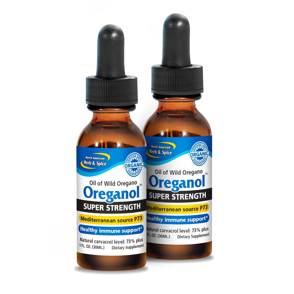 NORTH AMERICAN HERB & SPICE Super Strength Oréganol P73 - Paquet de 2, 1 fl oz - Système immunitaire - Non-OGM, certifié biologique - 864 Total des services
