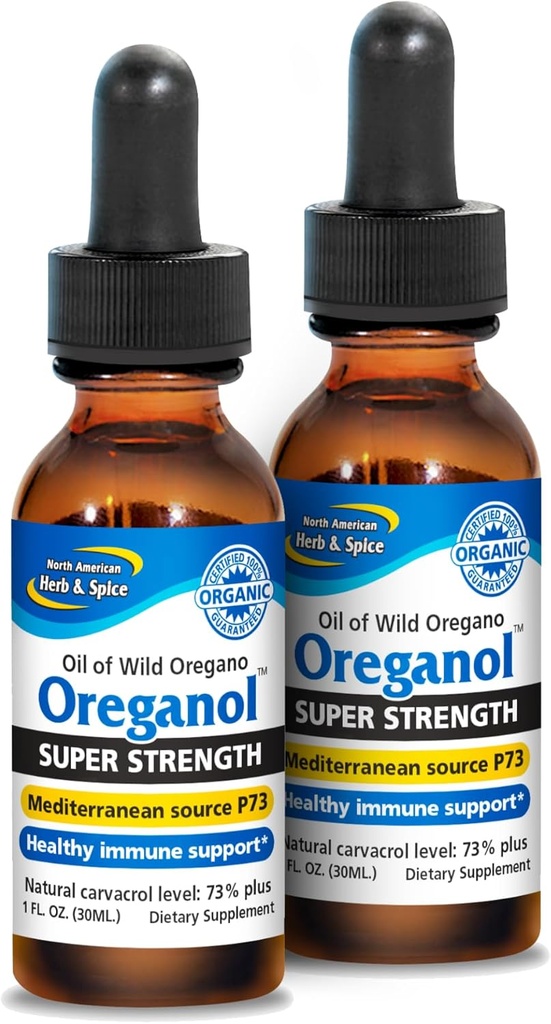 NORTH AMERICAN HERB & SPICE Super Strength Oréganol P73 - Paquet de 2, 1 fl oz - Système immunitaire - Non-OGM, certifié biologique - 864 Total des services