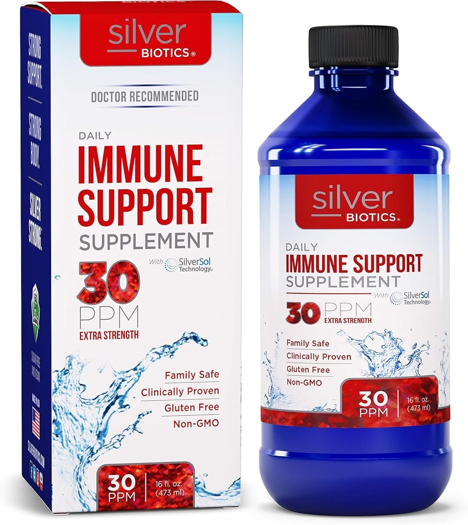 Silver Biotics 30 PPM Extra Strength Daily Immmun Support Supplément avec la technologie brevetée multivalente Silversol.