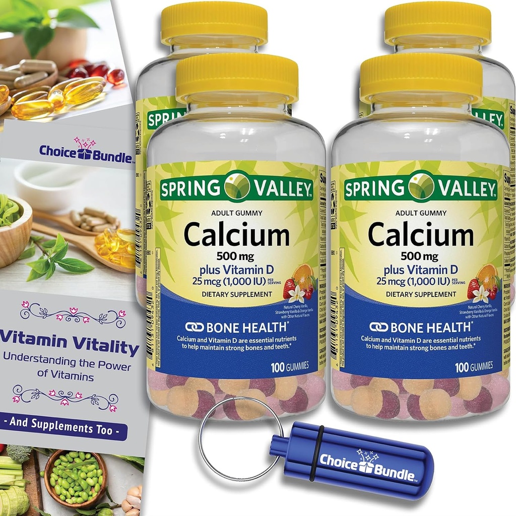 Choice Bundle Spring Valley Calcium 500 mg Plus Vitamine D 25 mcg Bone complément alimentaire pour la santé Gummies, 100 Ct 4 pk (400 Total) + Vitamine Guide and Pill Container (6 items)!