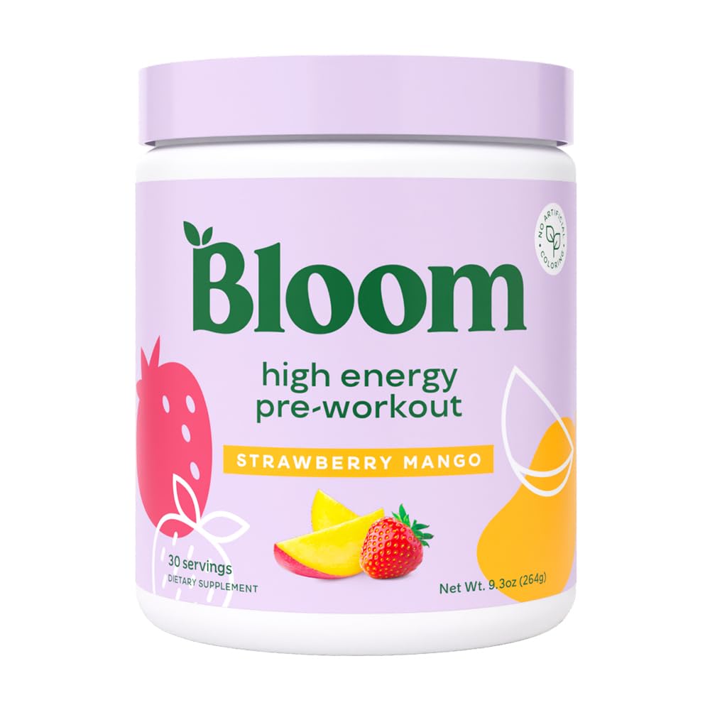 Bloom Nutrition Pré-entraînement à haute énergie avec Beta Alanine, Ginseng et L Tyrosine pour Amino Energy, Poudre de caféine naturelle de l'extrait de thé vert, Keto, Mélange de boisson sans sucre, fraise