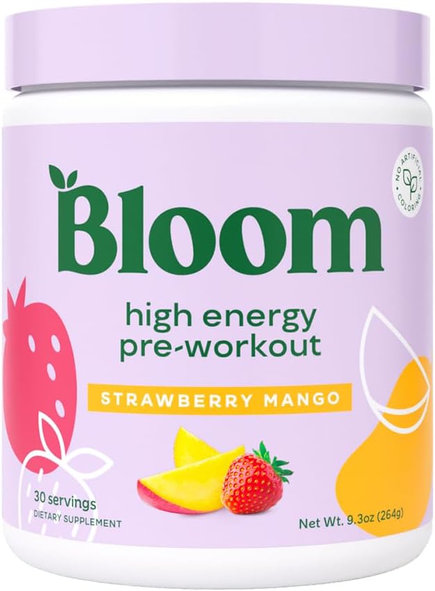 Bloom Nutrition Pré-entraînement à haute énergie avec Beta Alanine, Ginseng et L Tyrosine pour Amino Energy, Poudre de caféine naturelle de l'extrait de thé vert, Keto, Mélange de boisson sans sucre, fraise