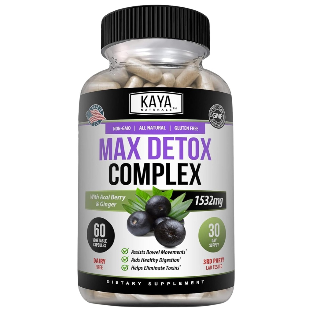 Kaya Naturals Supplément à base de plantes Max Detox - Ingrédients naturels 1532 mg - Poudre de Psyllium, Extrait de baie d'açai, Racine de gingembre 60 Compte