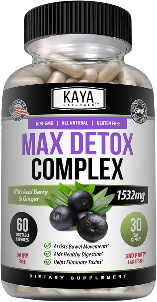Kaya Naturals Supplément à base de plantes Max Detox - Ingrédients naturels 1532 mg - Poudre de Psyllium, Extrait de baie d'açai, Racine de gingembre 60 Compte