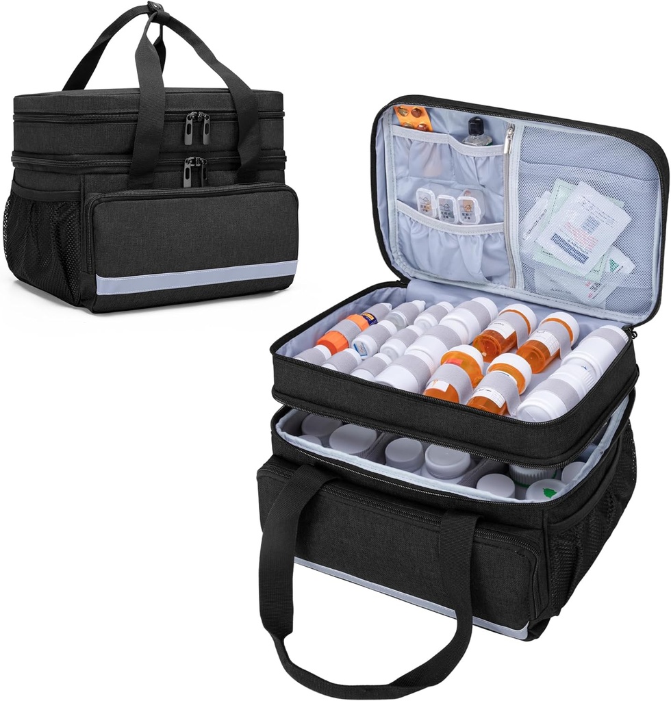 CURMIO Double Layers Pill Bottle Organizer Bag Empty, Medicine Organizer Storage Case with Lockable Zippers, Medication Travel Bag for Prescription Bottles, Medical Supplies, Black (Patent Design)