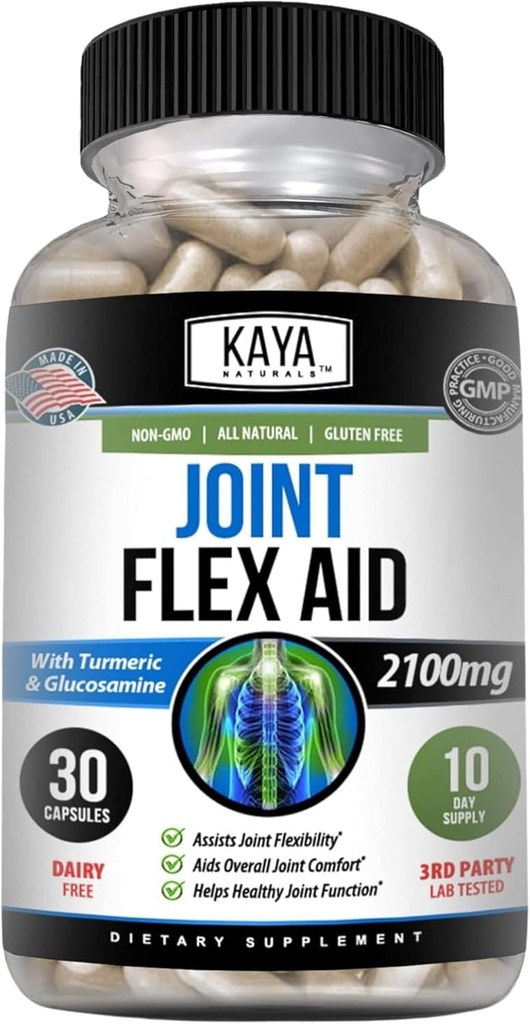 Kaya Naturals Mobility Flex Aid - Supplément de soutien à la mobilité pour les hommes et les femmes - Capsules curcuma avec sulfate de glucosamine - pour le soutien au genou et la santé de la mobilité - 30 Compte
