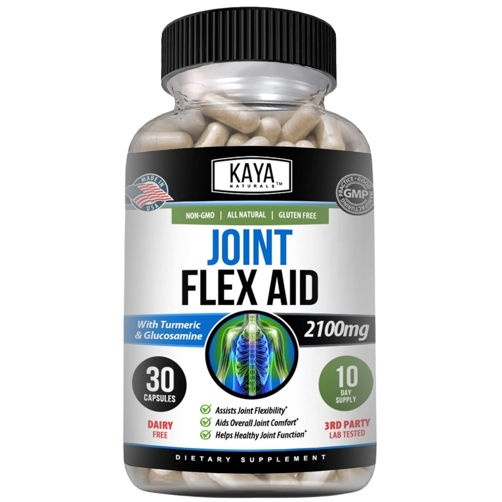 Kaya Naturals Mobility Flex Aid - Supplément de soutien à la mobilité pour les hommes et les femmes - Capsules curcuma avec sulfate de glucosamine - pour le soutien au genou et la santé de la mobilité - 30 Compte