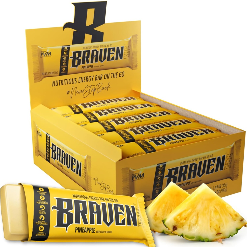 Barres d'énergie d'ananas de Braven Bar (1,59 oz, paquet de 20) – Bouchées d'énergie avec 5g de protéines – collations d'énergie sur le trajet pour la course, la randonnée et le sport - collations sans gluten pour un renforcement énergétique durable