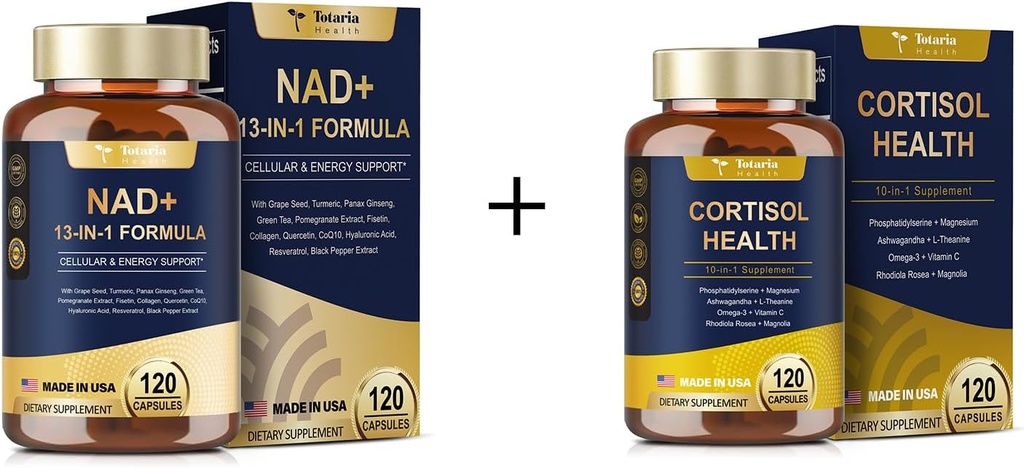 Totaria Supplément NAD pour Femmes Hommes 120 Capsules + Supplément Cortisol 120 Capsules