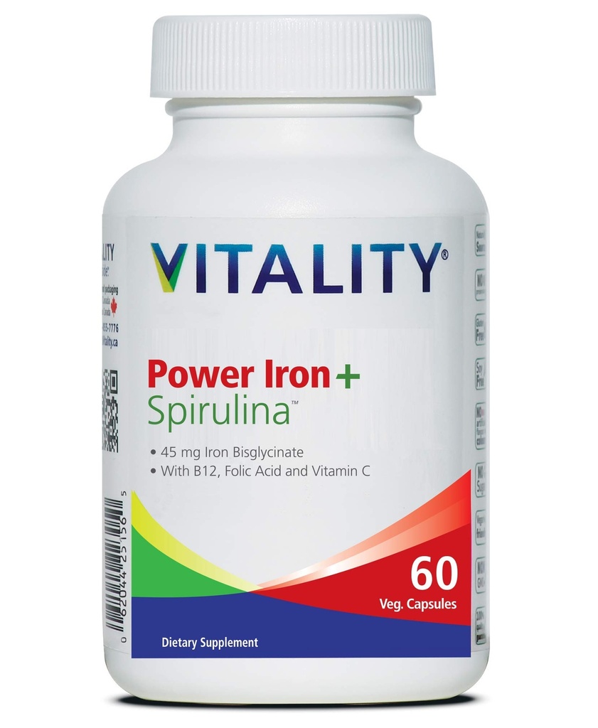 VITALITÉ Puissance Fer + Spiruline , 45mg Iron , Constructeur de sang , Support de carence en fer , Vegan , Tous suppléments naturels , doux sur les capsules... (60 Compte (paquet de 1))