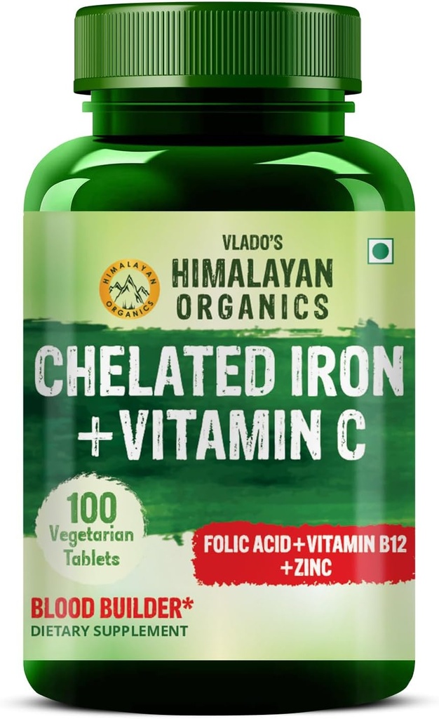 HIMALAYAN ORGANICS Organics Chelated Iron with Vitamin C,B12,Zinc & Folic Acid | Boost Hemoglobin Levels | Improves Concentration Level,Energy & Blood Building-120 Veg Tablets