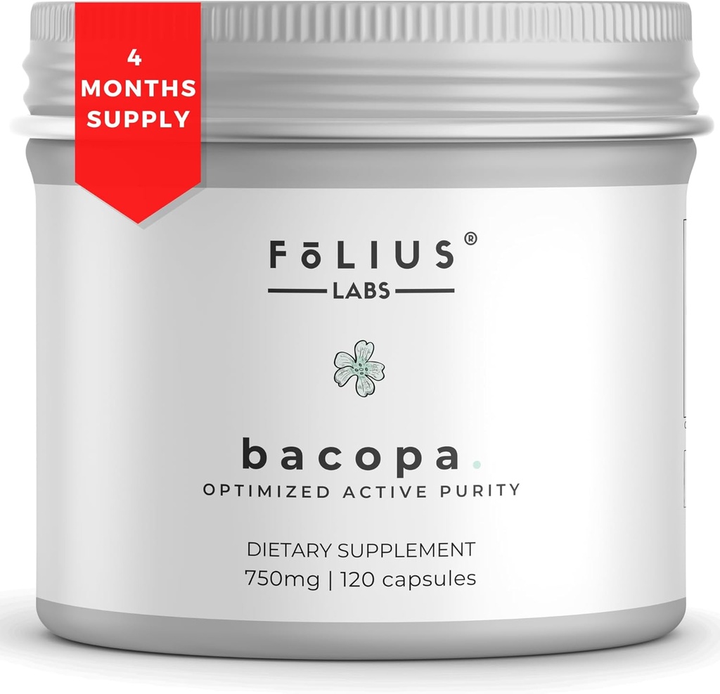 Bacopa Monnieri Capsules 750mg – Supplément à base de plantes avec 40% Bacosides Bacopa Monnieri - Aide à soutenir la mémoire et la capacité cognitive – 120 Capsules