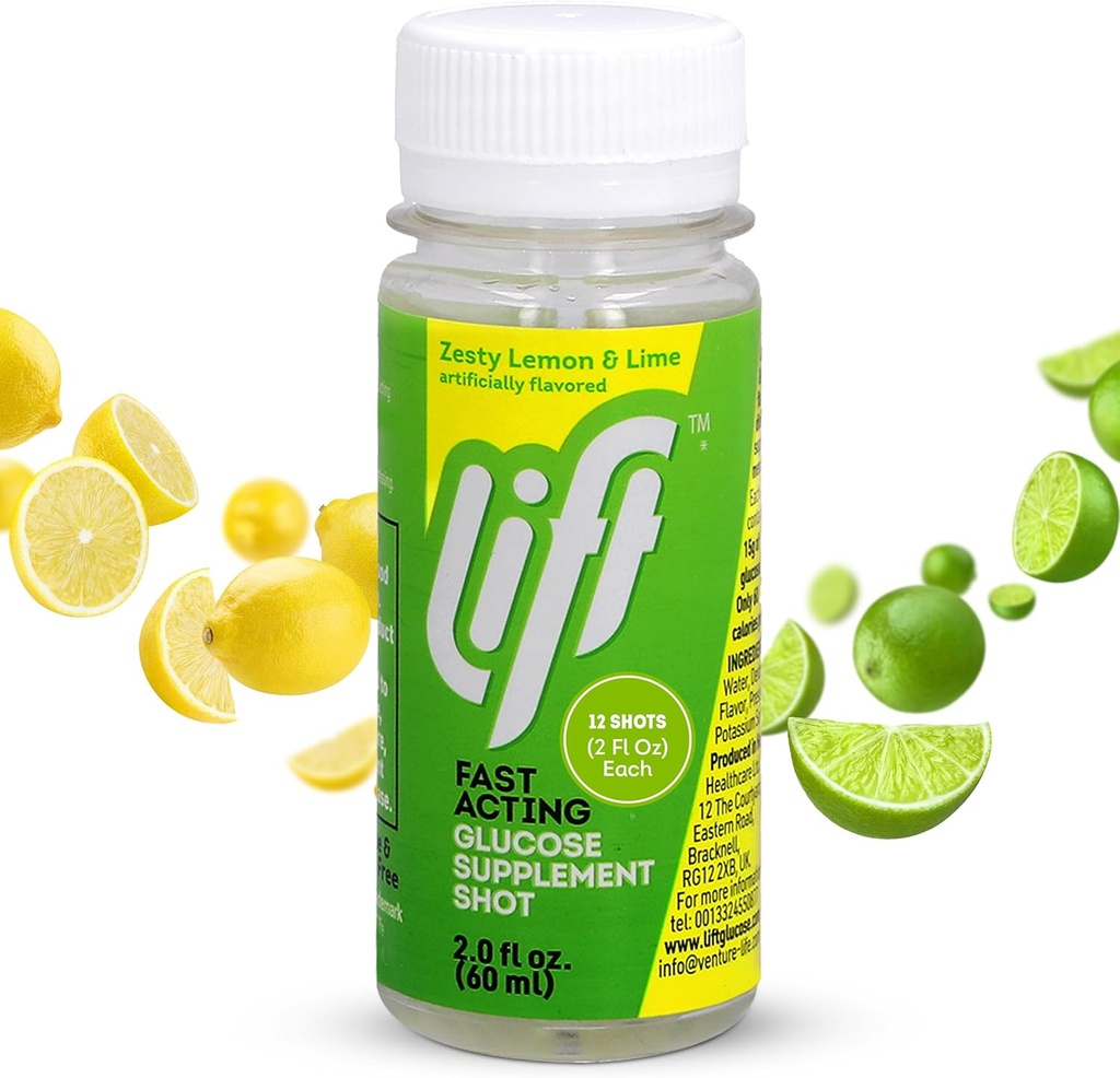Soulever le glucose à action rapide Glucose Énergie Juice Shots, Citron Lime, 2.0 fl oz bouteilles (paquet de 12)