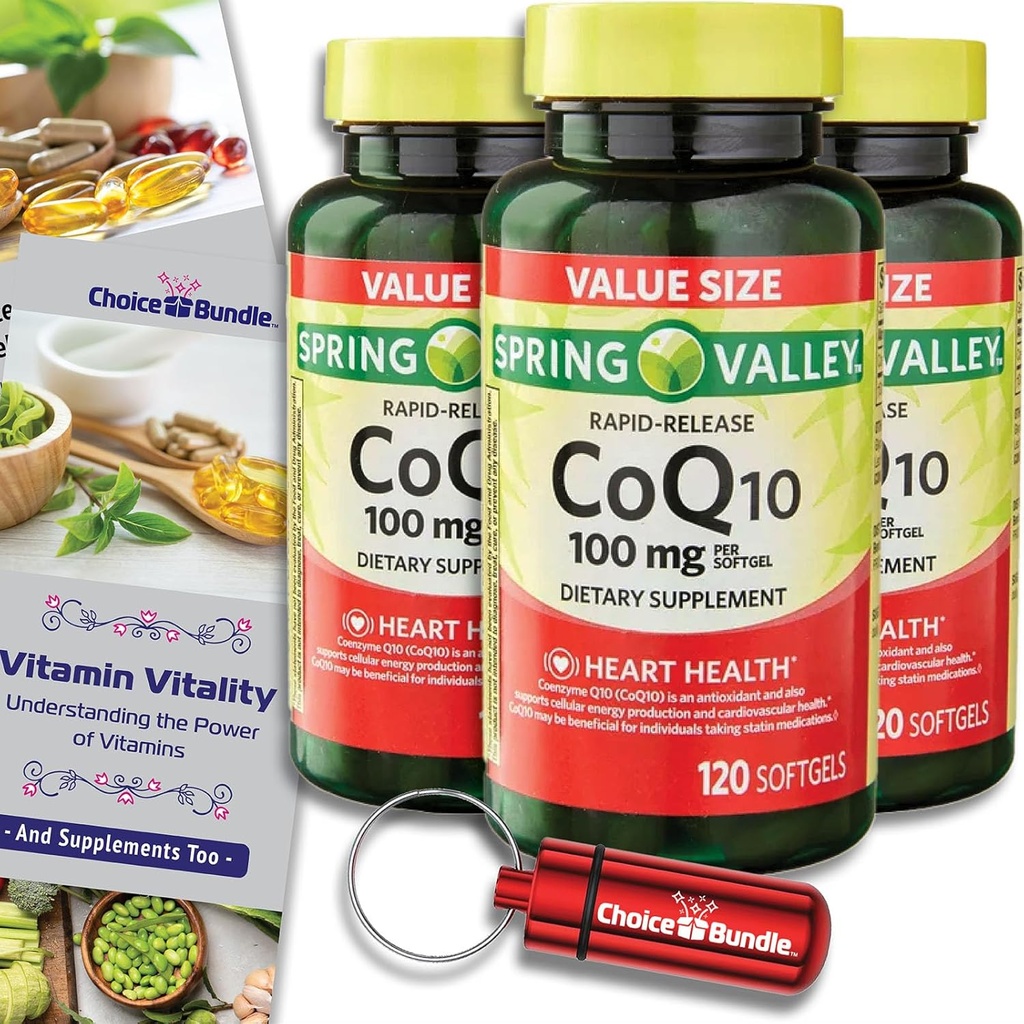 Choice Bundle Spring Valley Rapid-Release CoQ10 Coenzyme Q10 100 mg Softgels 120 CT 3 pk (360 Total) + Vitamin Guide & Pill Container (5 Items)!