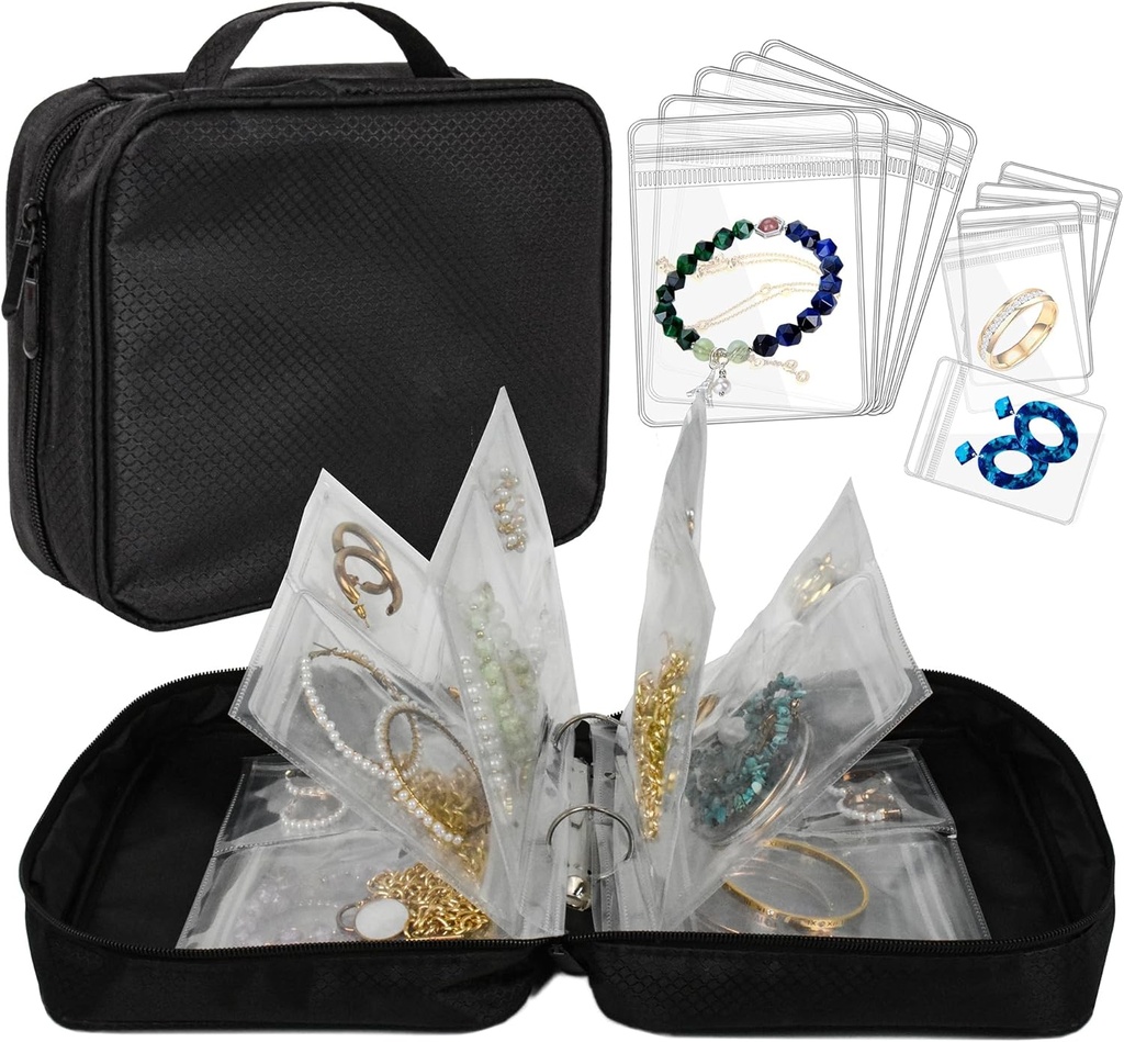 Travel Bijoux Organizer Case Transparent Bijoux de rangement Livre Binder Sac pour boucles d'oreilles, anneaux, collier, bracelet (tout-noir)