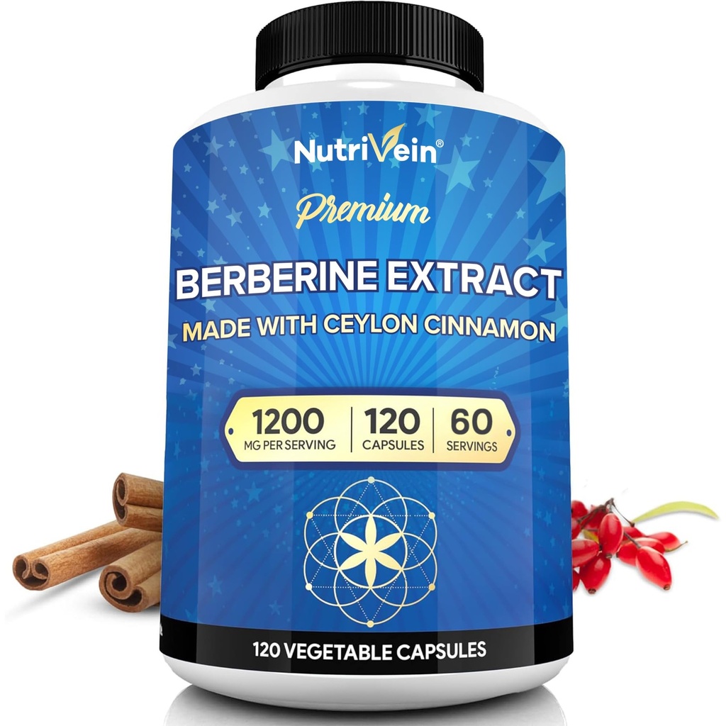 Nutrivein Premium Berberine HCL 1200 mg avec Ceylan Cannelle - 120 Capsules: Supplément Berberine à haute absorption pour les défenses, la digestion et le métabolisme