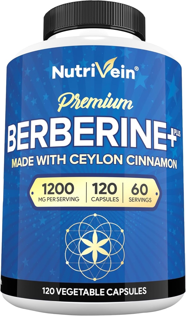 Nutrivein Premium Berberine HCL 1200 mg avec Ceylan Cannelle - 120 Capsules: Supplément Berberine à haute absorption pour les défenses, la digestion et le métabolisme