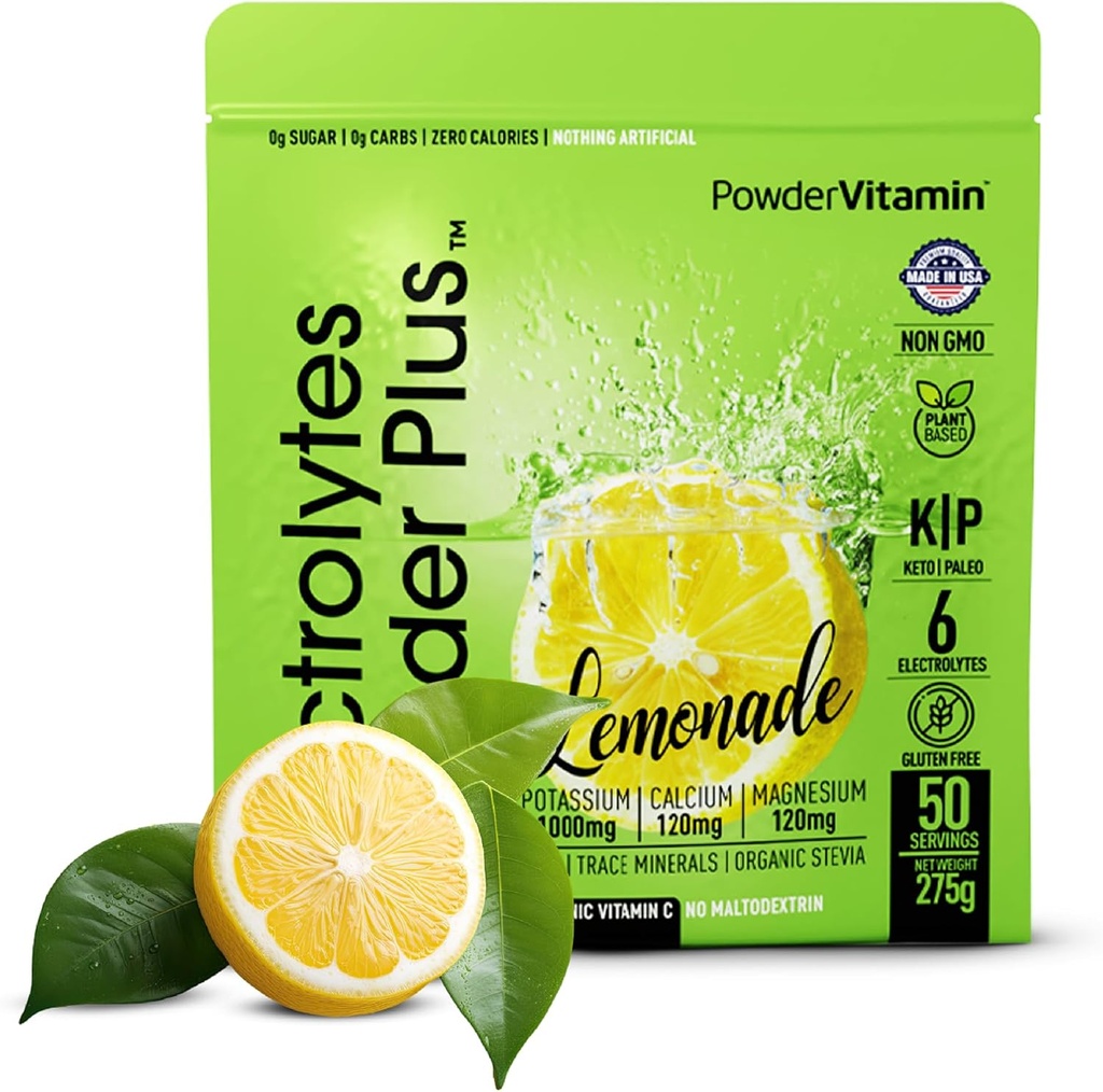 Poudre d'électrolytes Plus (50 portions), 0 Calorie Keto, 0 Sucre, Pas de maltodextrine,1000mg Potassium,120mg Calcium,120mg Magnésium, Poudre d'hydratation (50 portions, Lémonade)