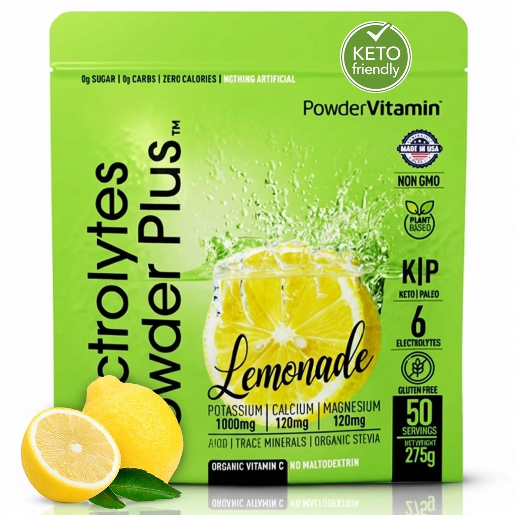 Poudre d'électrolytes Plus (50 portions), 0 Calorie Keto, 0 Sucre, Pas de maltodextrine,1000mg Potassium,120mg Calcium,120mg Magnésium, Poudre d'hydratation (50 portions, Lémonade)