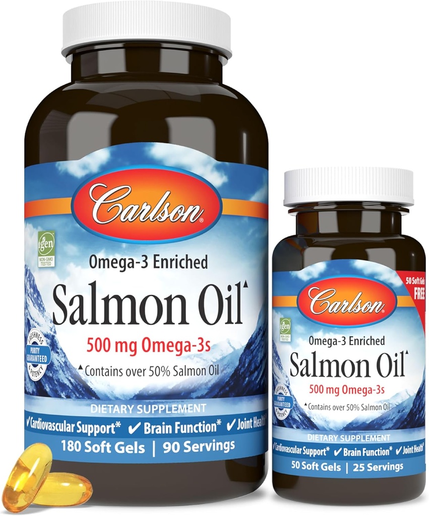Carlson - Huile de saumon norvégien, 500 mg Omega-3s, Supplément d'huile de saumon norvégien, Capsules d'huile de saumon Omega 3 prises sauvages, source durable, Santé cérébrale, cardiaque et articulaire, 180+50 Softgels
