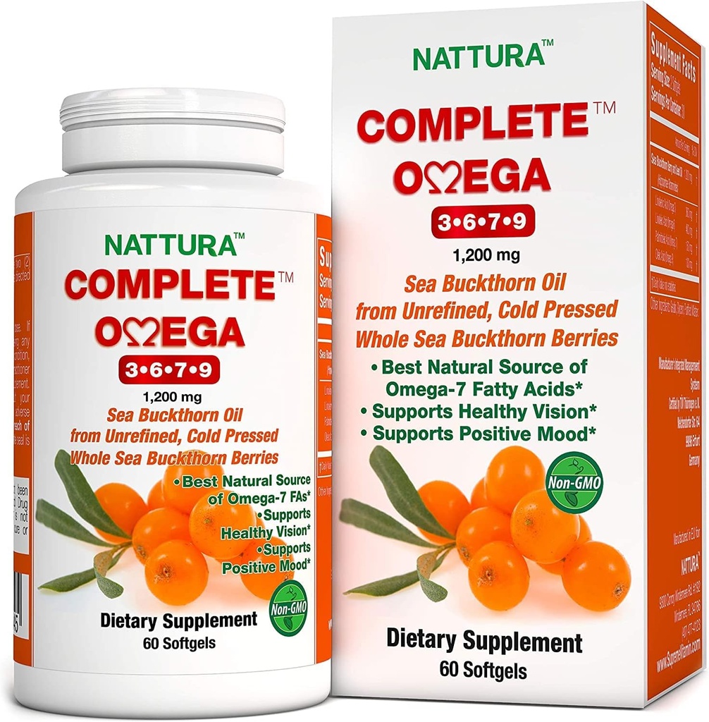 Nattura Omega Complete 3-6-7-9, Huile de Buckthorn de mer pure, Qualité européenne, de baies sauvages de Buckthorn de mer entière non raffinées, pressées à froid - Non-OGM, Casher certifié, Sans gluten 1 bouteille - 60 capsules