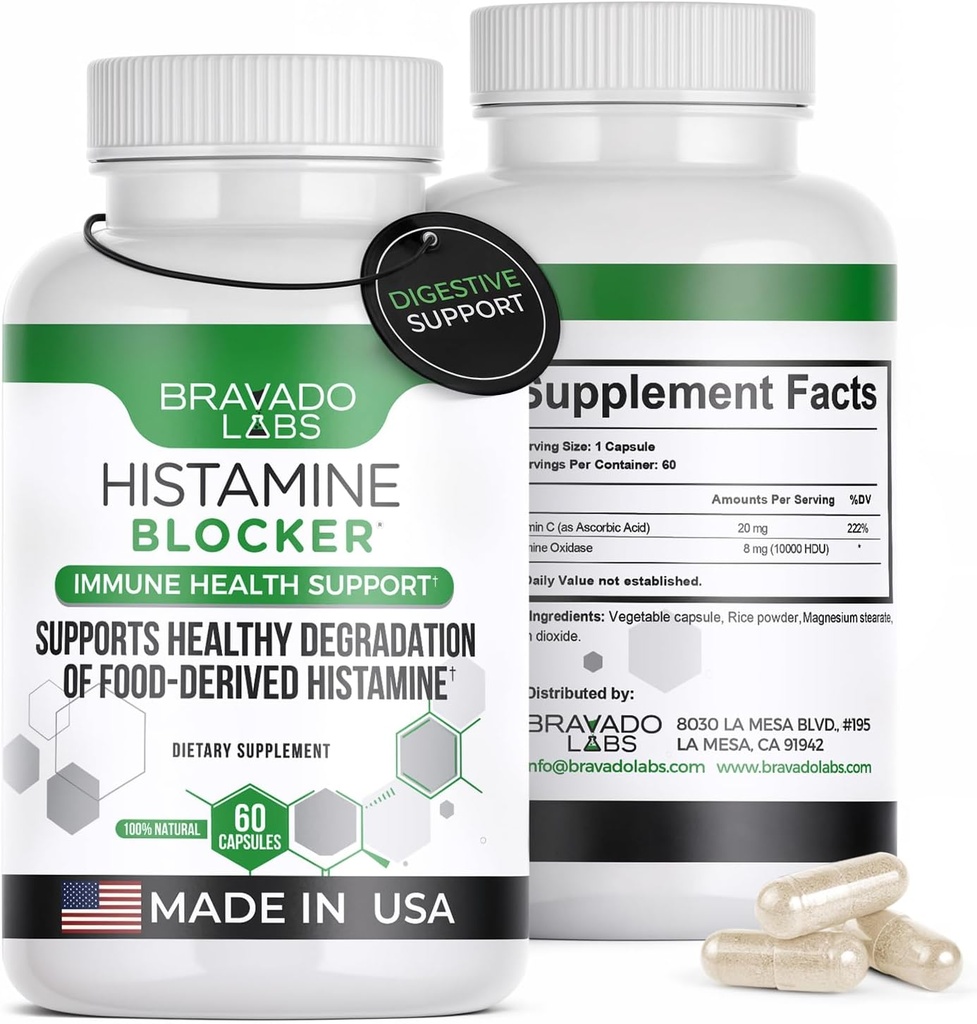 Histamine Blocker Suppléments – DAO Enzyme Formula & Vitamine C – Support quotidien pour l'intolérance à l'histamine et le soutien immunitaire – DAO Suppléments Histamine Blocker – 60 Capsules – Fabriqué aux États-Unis