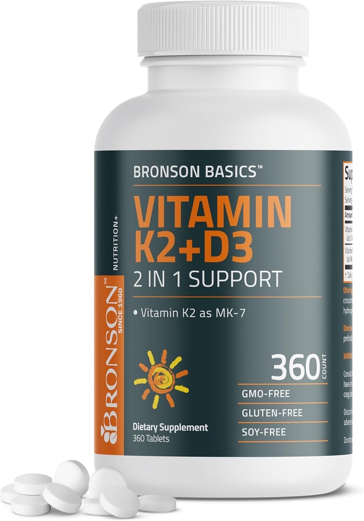 Bronson Vitamine K2 D3 (MK7) Supplément Non-OGM Formule Vitamine D3 5000IU (125 mcg) et 90 mcg K2 MK-7, Complexe D & K facile à avaler, 360 comprimés