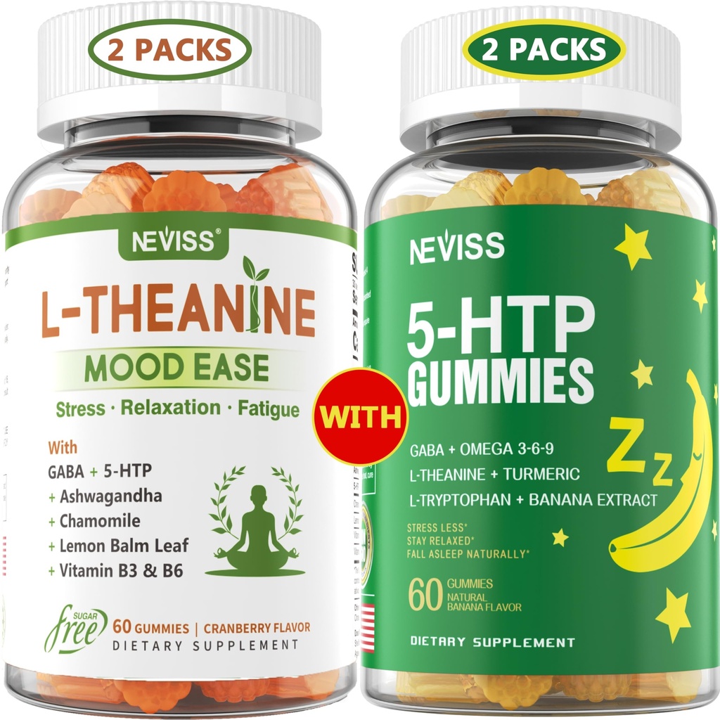 NEVISS Sans sucre Gommies L-Theanine Calme 120 Nombres + Gommies 5-HTP sans sucre 120 Nombres