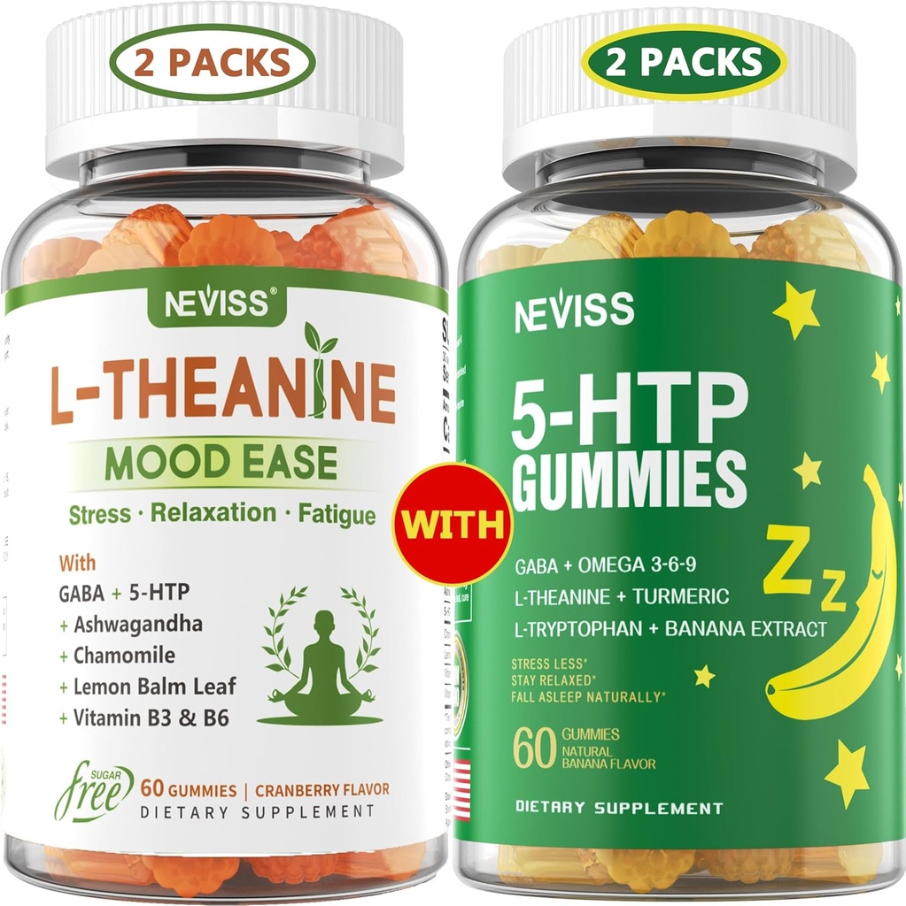 NEVISS Sugar Free L-Theanine Calm Gummies 120 Counts + Sugar Free 5-HTP Gummies 120 Counts