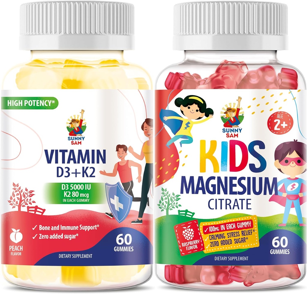 SUNNY SAM Vitamine D3 K2 Gommies 5000 UI & Gommies de magnésium pour les enfants Citrate Supplément à croquer pour le soutien de l'humeur et des muscles