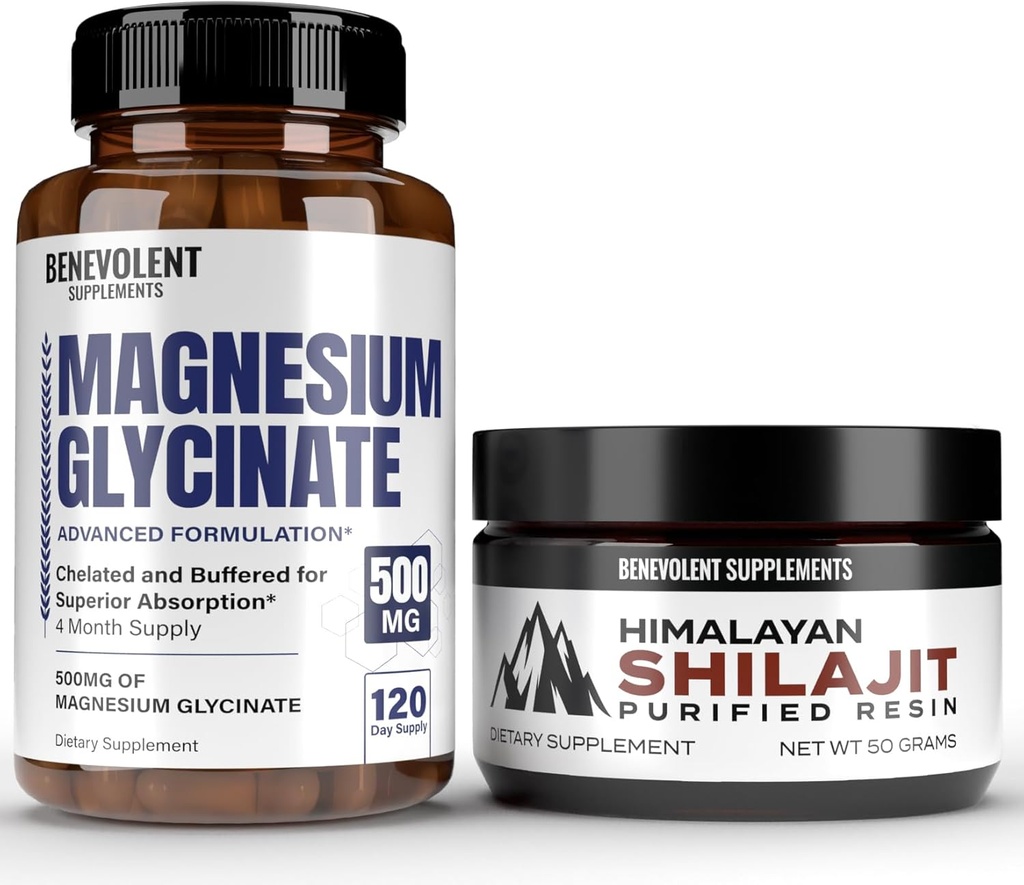 Premium Magnesium Glycinate 500mg Capsules & Himalayan Shilajit Resin - (8 Months Supply + High Absorption Formula) Chelated Buffered Glycinate - 85+ Trace Minerals for Energy, Performance, Immune S