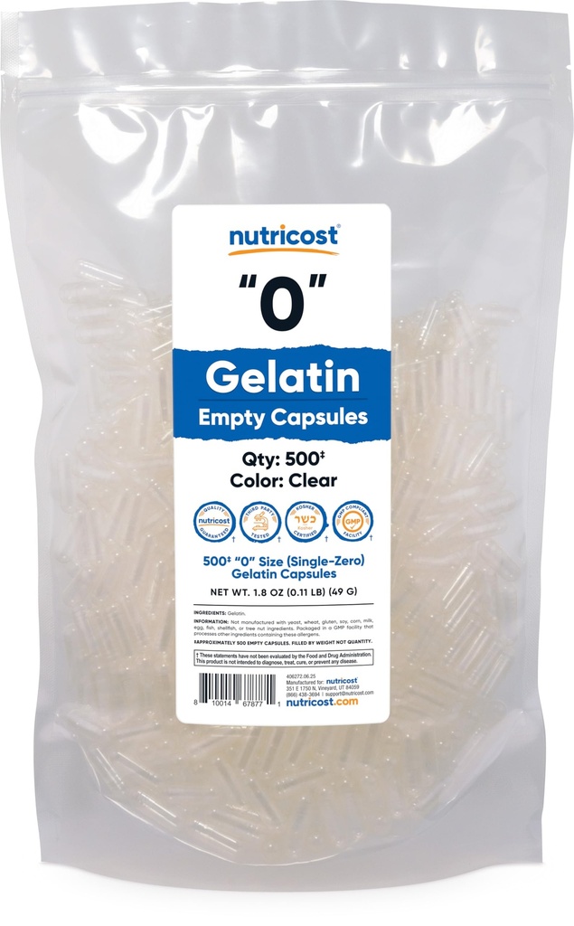 Nutricost Capsules vides Gélatine Taille 0-500 Effacer Vide '0' Capsules de gel - Casher, non-OGM, sans soja, sans gluten