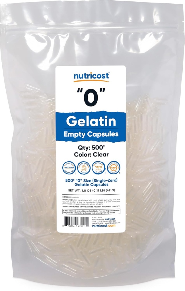 Nutricost Empty Capsules Gelatin Size 0-500 Clear Empty '0' Gel Capsules - Kosher, Non-GMO, Soy Free, Gluten Free