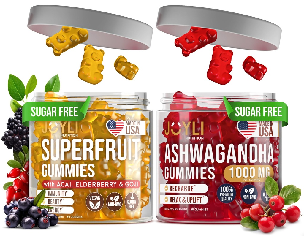 Joyli Ashwagandha & Superfruit Gommies Bundle – Mind & Body Balance + Daily Wellness Support – Vegan Multivitamin Formula avec Goji, Elderberry, Vitamine C, D & Zinc – 2 Pack pour adultes