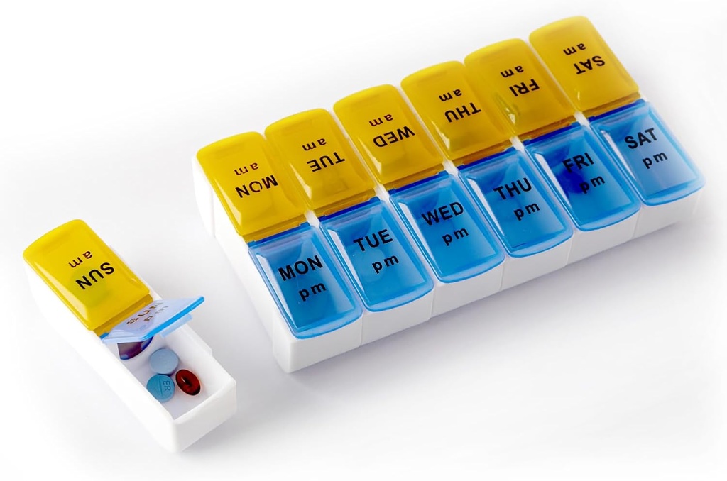 Deke Home - Organisateur de pilules 2 fois par jour, boîte à pilules détachable hebdomadaire 7 jours avec des compartiments PM - Distributeur de médicaments de snap Lids - Rappel de pilules de 7 jours pour la posologie du matin et de la nuit