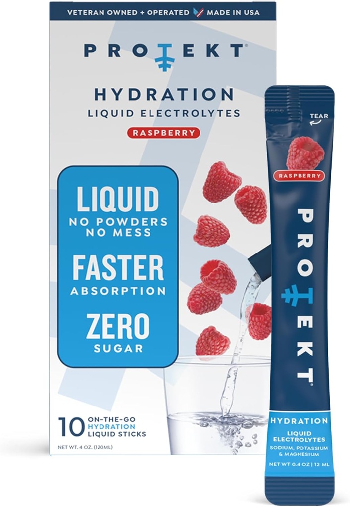 PROTEKT Electrolyte Packets for Recovery & Hydration | Organic & Sugar-Free Electrolytes Drinks | Works Faster Than Powder Drink | On-The-Go Liquid Hydration Drink | Raspberry, 10 Pack