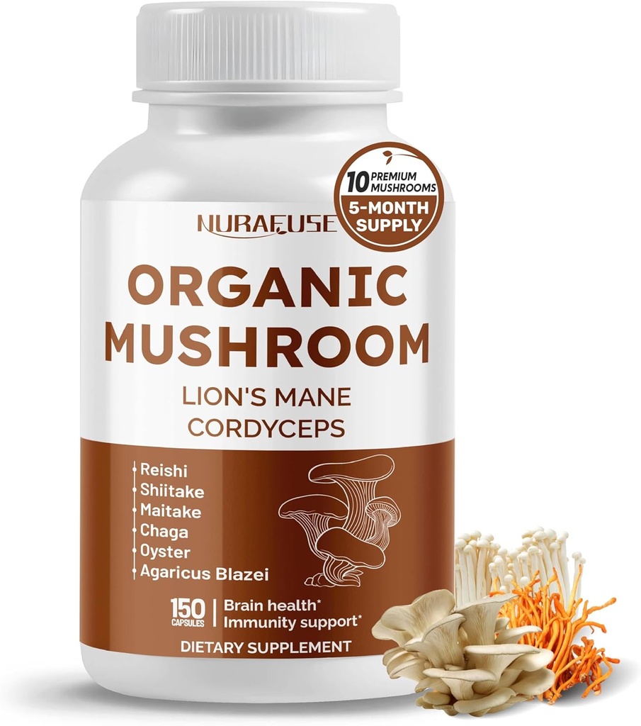 Formule de champignons biologiques 10-en-1 - avec la Mane de Lion, Cordyceps Reishi, Shiitake, Maitake, Chaga, non-OGM, sans gluten, sans soja (150 comte (paquet de 1))