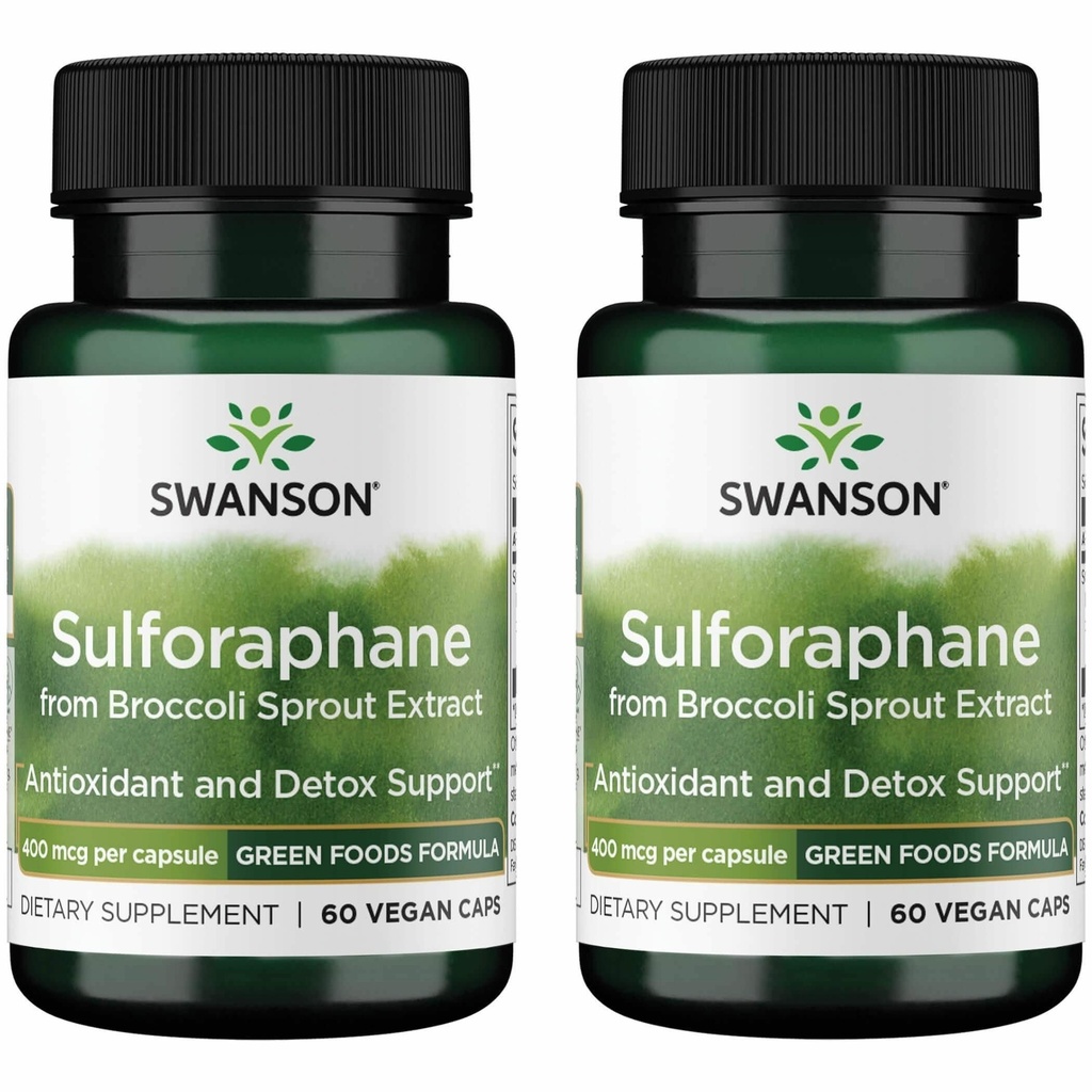Swanson Sulforaphane Broccoli Sprout Extract for Adults Seeking Liver and Cellular Health Support - Standardized to 0.4% Sulforaphane (60 Vegan Capsules, 400 mcg, 2 Pack)
