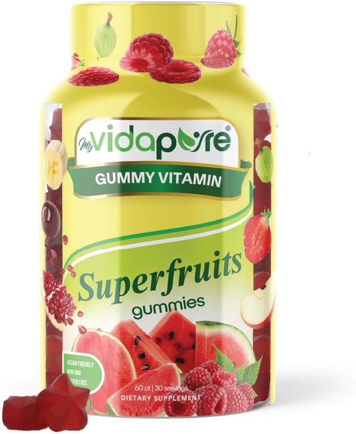 MYVIDAPURE Superfruits étonnants Gommies d'étoile Vitamines A,C,E, Zinc, Acai Berry, Acerola, Goji, Beet Root, Fraise, Gooseberry. La pastèque aux framboises. Non-OGM, sans gluten, végétalien 60 gommes