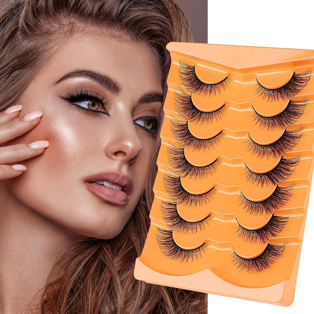 Faux cils de l'œil de renard, wispy faux cils D Curl Mink Cils Flowfly Cils naturel look Cat Eye Cils Strip Pack 7 paires, noir