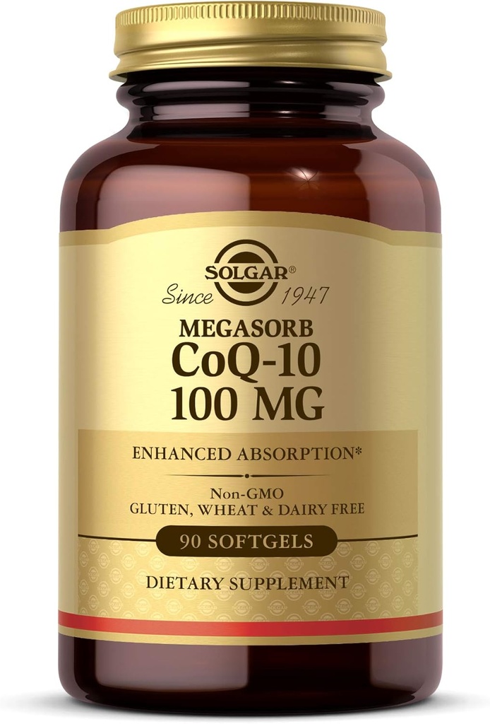 Solgar Megasorb CoQ-10 100 mg, 90 softgels - favorise le vieillissement en santé - Supplément Coenzyme Q10 - Absorption améliorée - Sans OGM, sans gluten, sans lait - 90 portions
