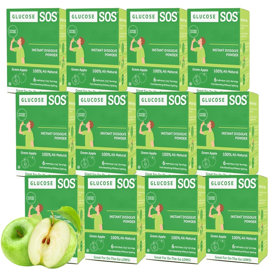 Glucose SOS Glucose en poudre avec Dextrose naturel, absorption rapide Qui se dissout instantanément dans votre bouche sans eau nécessaire, Green Apple 72 services