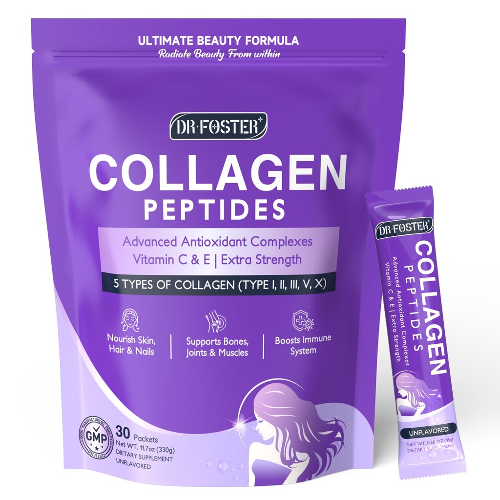 DRFOSTER Collagène-Peptides-Powder-Packets - Multi Type I II III V X Collagène pour femmes avec mélange antioxydant + vitamine C & E pour la peau, les cheveux, les ongles et les articulations, non-OGM, 30 Stick Packs