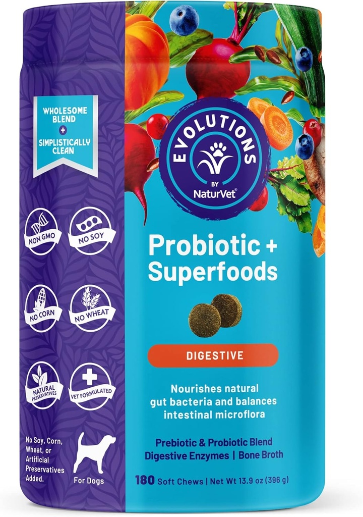 NaturVet Evolutions Probiotic & Superfoods 90ct Soft Chews for Dogs - Prebiotic & Probiotic Blend, Enzymes digestifs, Broth désossé, Omega's - Nourishes Bacteria naturelle de la poitrine et Microflore intestinale