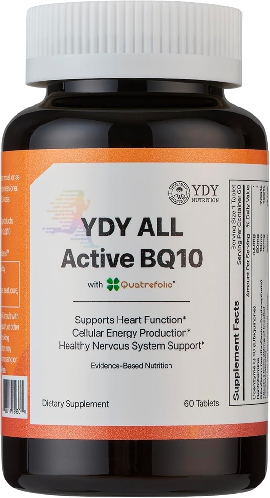 YDY All Active BQ10 - CoQ10 100mg, Complexe Vitamine B (B1, B2, B3, B6, B7, B9, B12, Pantethine) - soutient la santé cardiaque, énergie cellulaire - 60 comprimés
