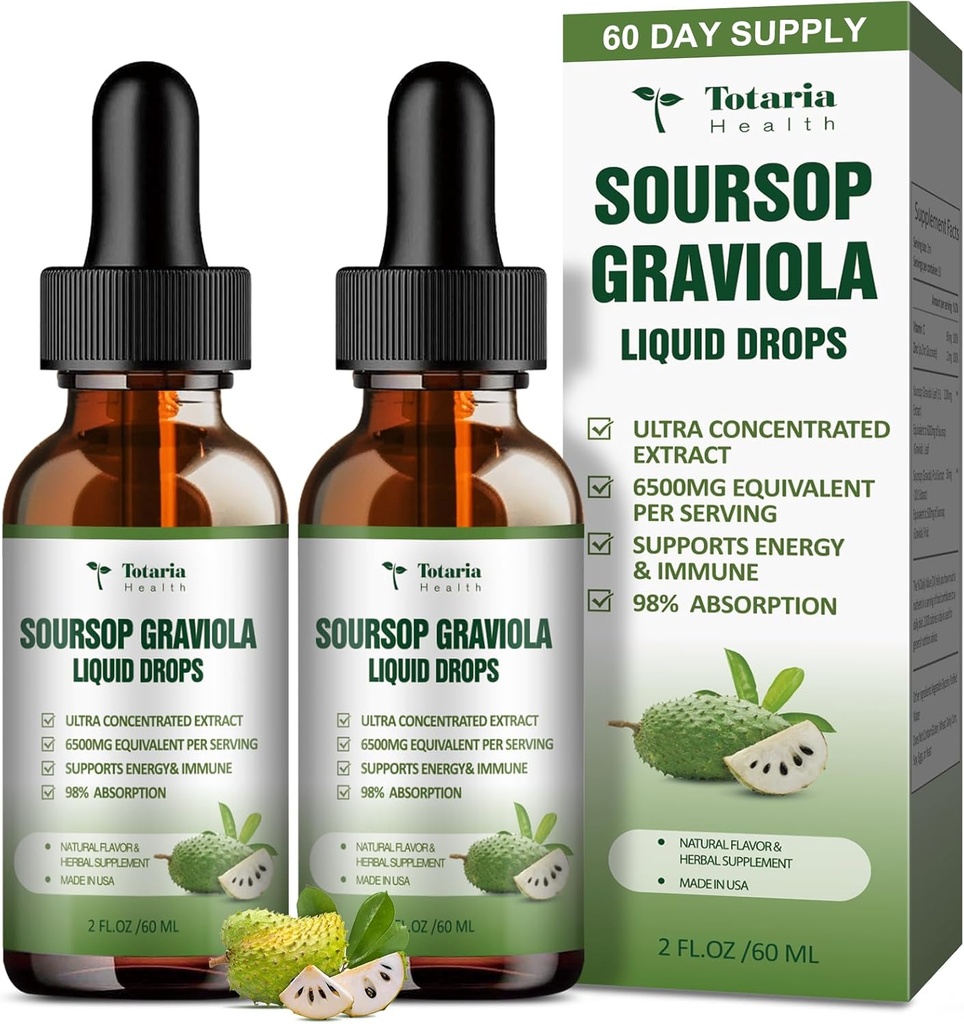 (2 packs) Pure Sourop Graviola Liquid Drop Support Digestive Skin Health, Sleep & Antioxydant - Huile de Guanabana Feuille biologique Exact Sourop Bitters gouttes liquides, saveur naturelle, non-OGM, végétalien, 4 Fl Oz
