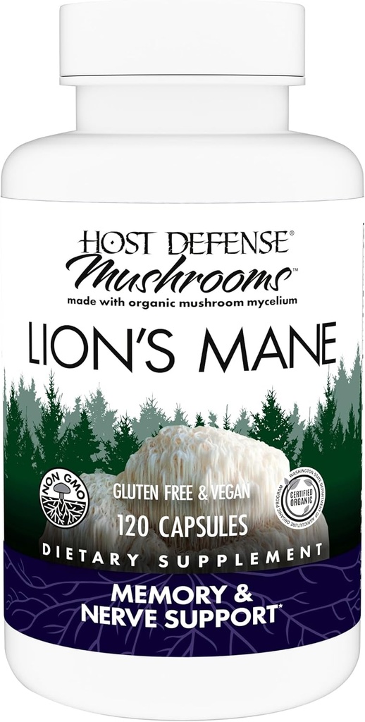 Host Defense Champignons Lion's Mane - Supplément Capsules pour le soutien de la santé du cerveau - Soutien des champignons pour la fonction focus et mémoire - Supplément système immunitaire et nerveux - 120 Capsules (60 portions)*